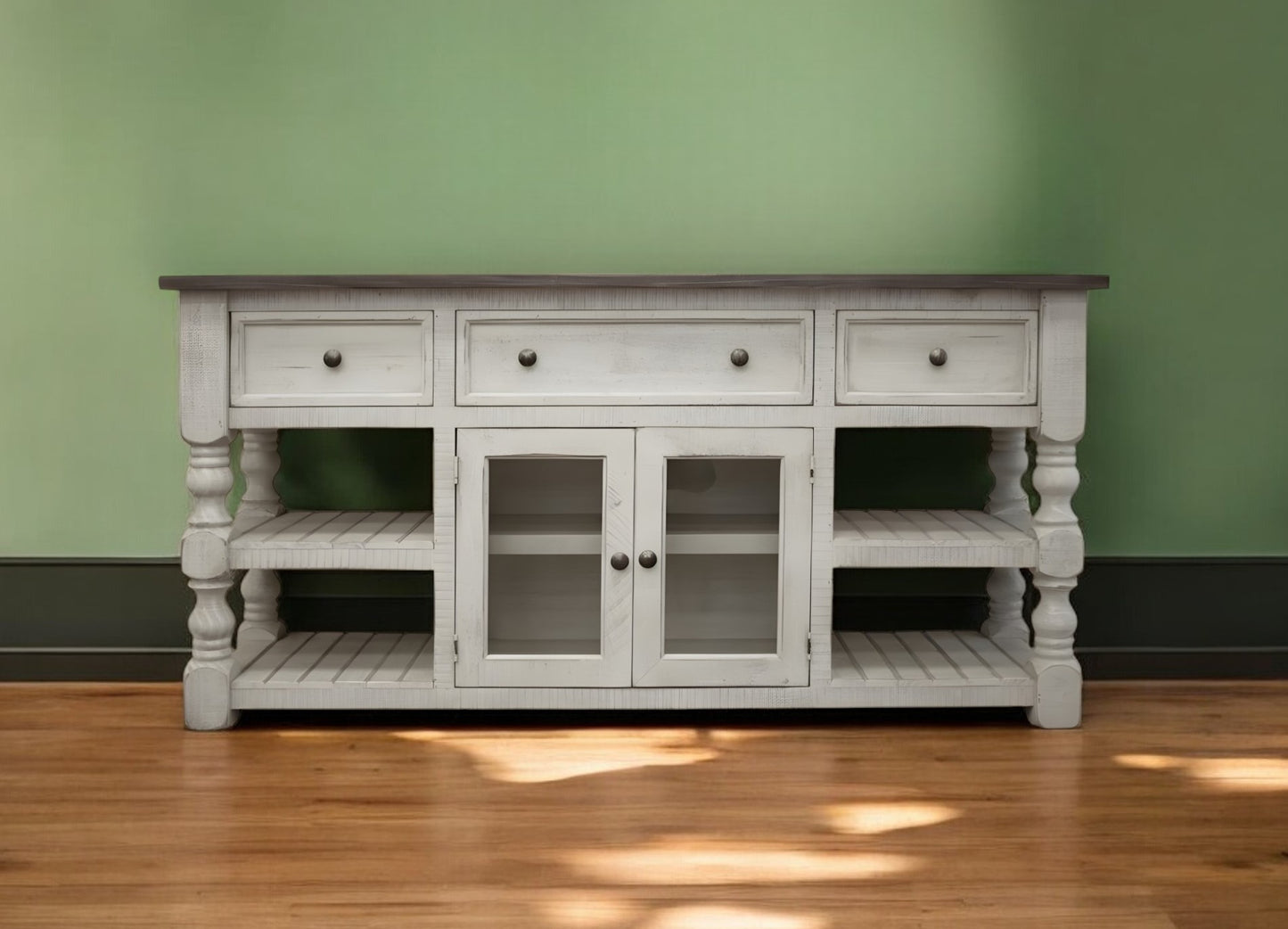 60" Ivory Solid Wood Open shelving Distressed TV Stand