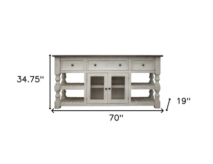 70" Ivory Solid Wood Open shelving Distressed TV Stand