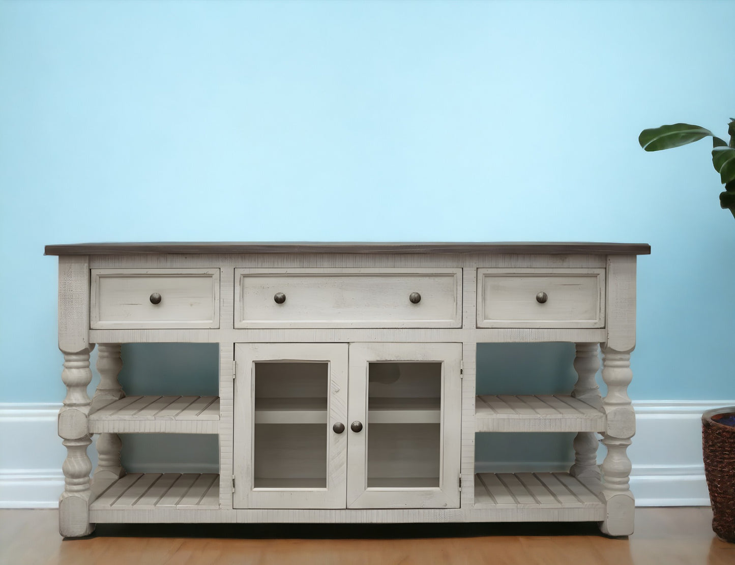 81" Ivory Solid Wood Open shelving Distressed TV Stand