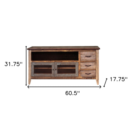 61" Brown Solid Wood Cabinet Enclosed Storage Distressed TV Stand