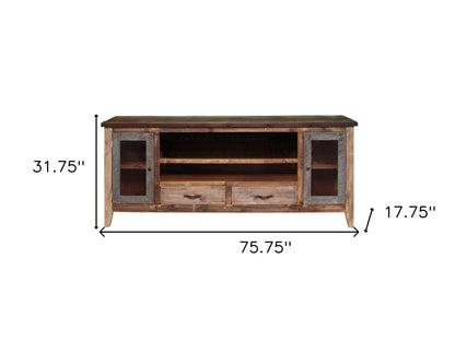 76" Brown Solid Wood Cabinet Enclosed Storage Distressed TV Stand