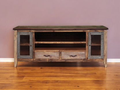 76" Brown Solid Wood Cabinet Enclosed Storage Distressed TV Stand