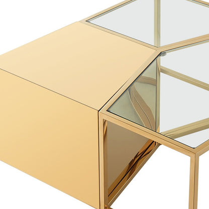 Set of Three 37" Clear And Gold Glass And Stainless Steel Square Mirrored Bunching Coffee Tables