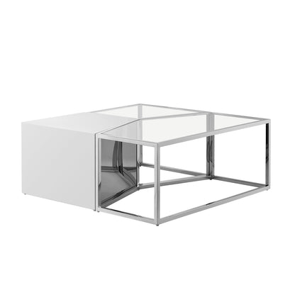 Set of Three 37" Clear And Gold Glass And Stainless Steel Square Mirrored Bunching Coffee Tables