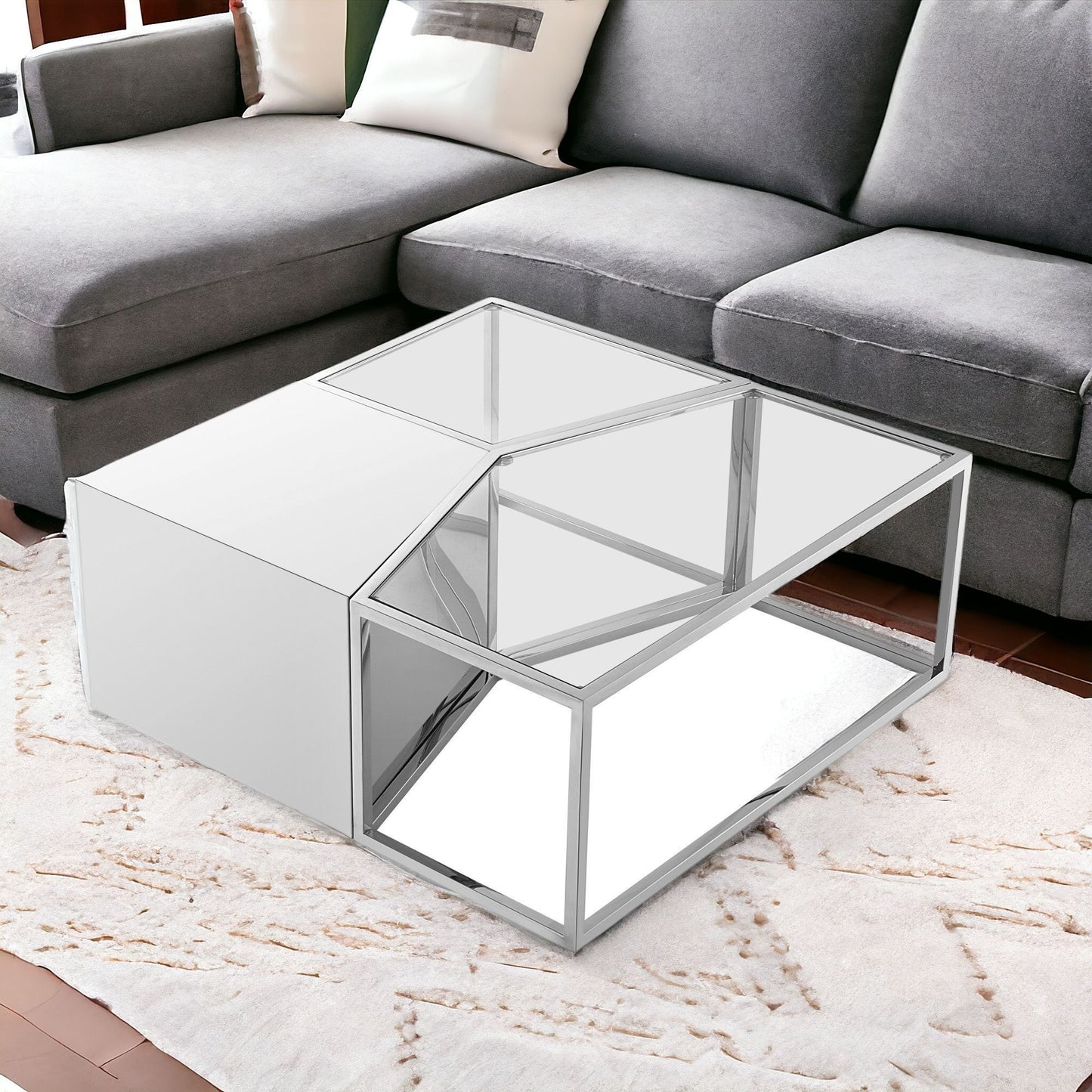 Set of Three 37" Clear And Gold Glass And Stainless Steel Square Mirrored Bunching Coffee Tables