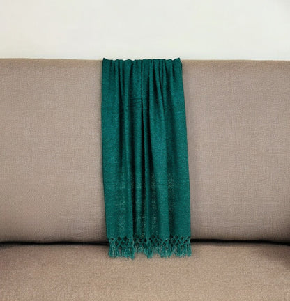 52" X 67" Green Woven Wool Throw Blanket with Fringe