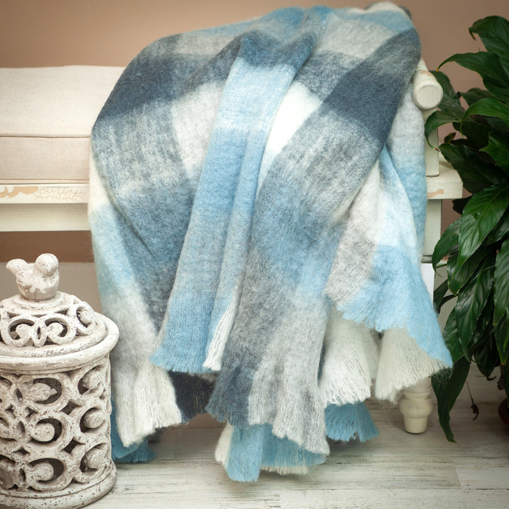 52" X 67" Gray Ivory and Blue Woven Wool Blend Plaid Throw Blanket with Fringe