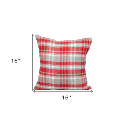 16" Red and White Plaid Cotton Throw Pillow