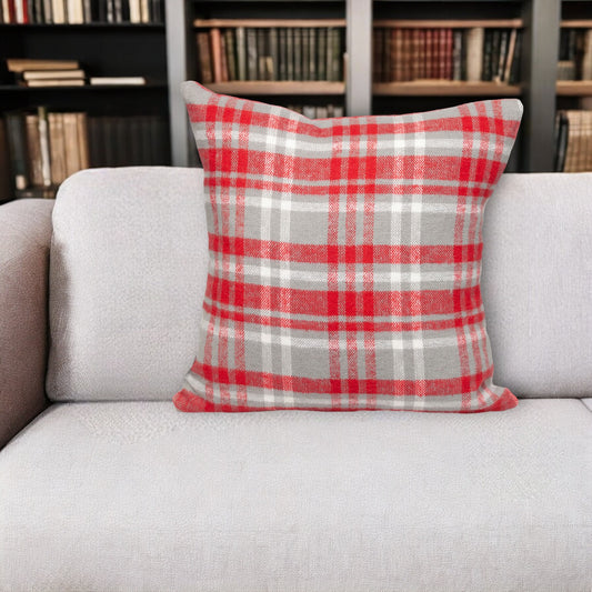 16" Red and White Plaid Cotton Throw Pillow