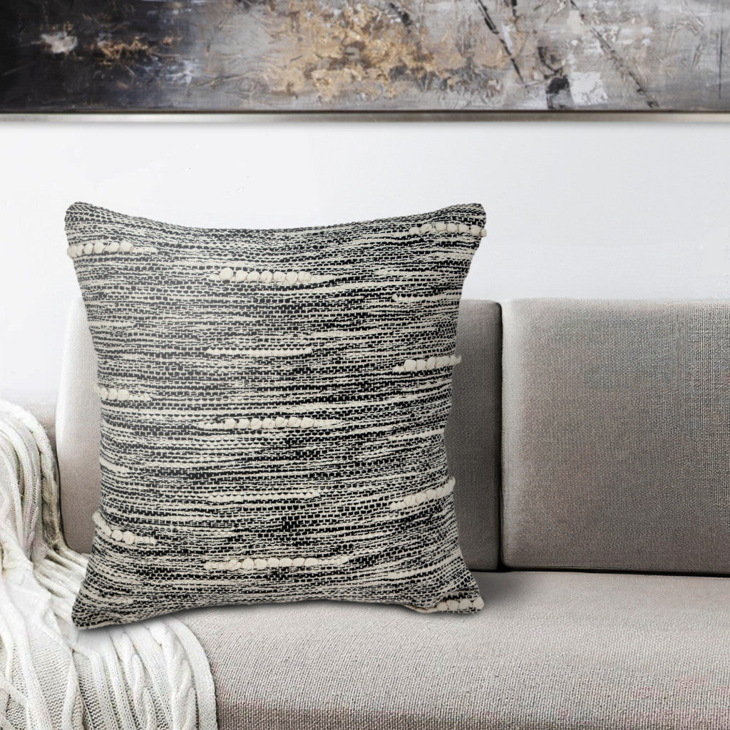 18" Beige and Black Striped Cotton Throw Pillow