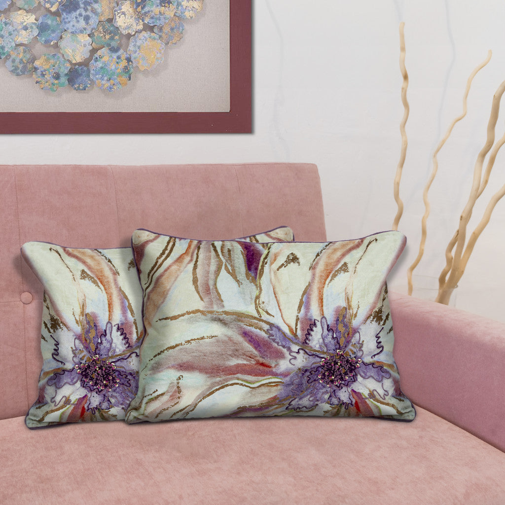 14" X 20" Pink and Purple Floral Cotton Throw Pillow With Sequins