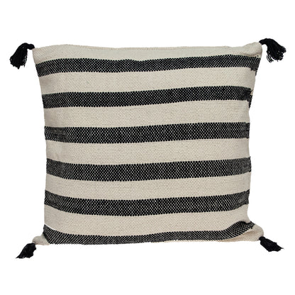 24" Beige and Black Striped Cotton Throw Pillow With Tassels