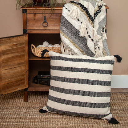 24" Beige and Black Striped Cotton Throw Pillow With Tassels