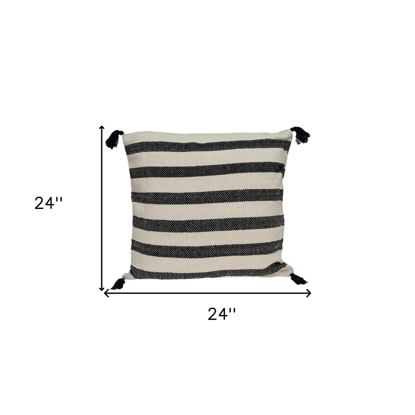 24" Beige and Black Striped Cotton Throw Pillow With Tassels