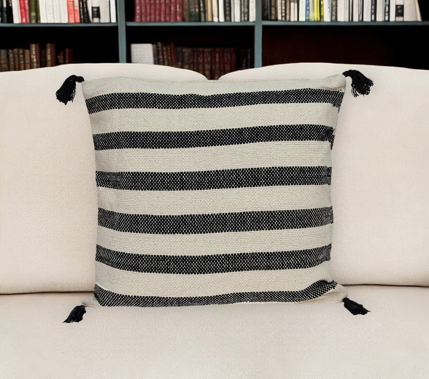 24" Beige and Black Striped Cotton Throw Pillow With Tassels