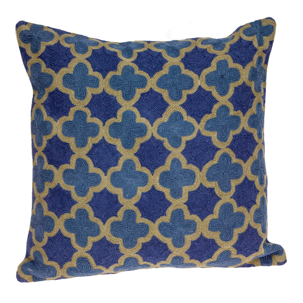 20" Blue and Brown Quatrefoil Wool Throw Pillow With Embroidery