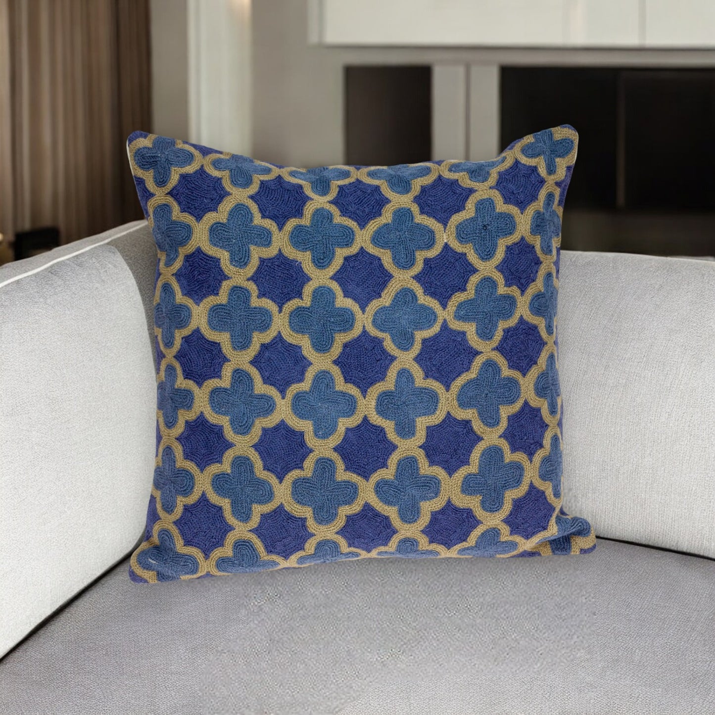 20" Blue and Brown Quatrefoil Wool Throw Pillow With Embroidery