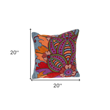 20" Blue and Pink Floral Wool Throw Pillow With Embroidery