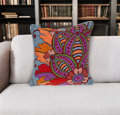 20" Blue and Pink Floral Wool Throw Pillow With Embroidery