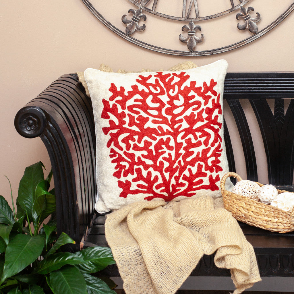 20" Beige and Red Coastal Wool Throw Pillow With Embroidery