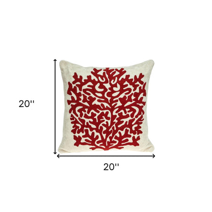 20" Beige and Red Coastal Wool Throw Pillow With Embroidery