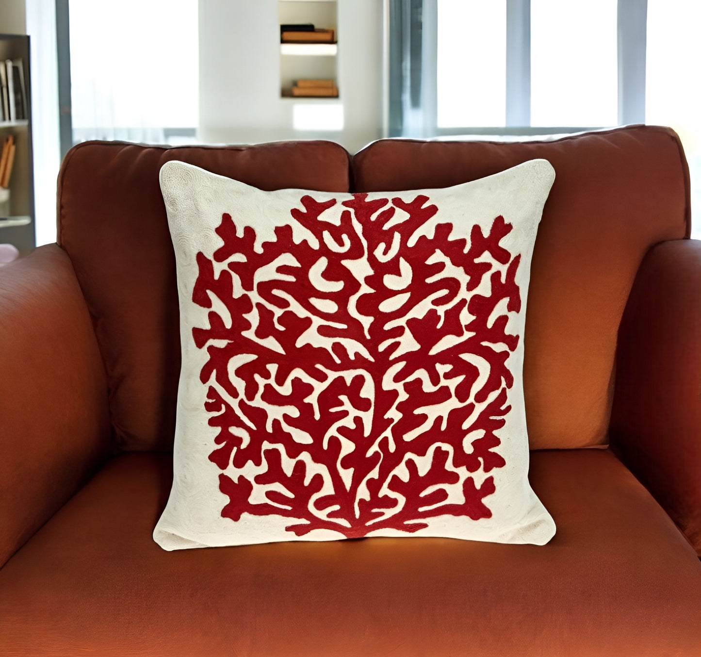 20" Beige and Red Coastal Wool Throw Pillow With Embroidery