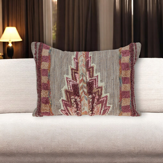 14" X 20" Beige and Pink Southwestern Cotton Throw Pillow With Embroidery