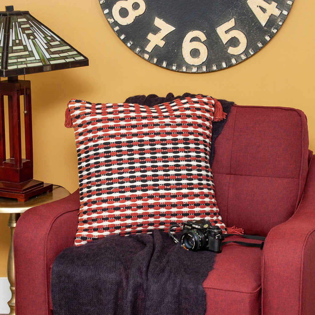 20" Red and Black Striped Cotton Throw Pillow With Tassels