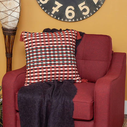 20" Red and Black Striped Cotton Throw Pillow With Tassels