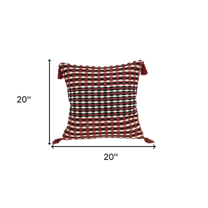 20" Red and Black Striped Cotton Throw Pillow With Tassels