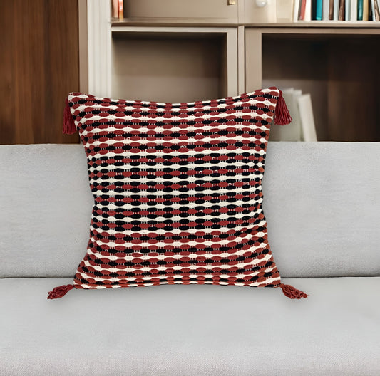 20" Red and Black Striped Cotton Throw Pillow With Tassels