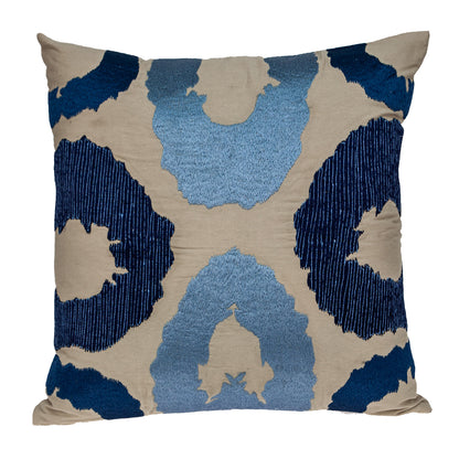 22" Beige and Blue Abstract Cotton Throw Pillow With Embroidery