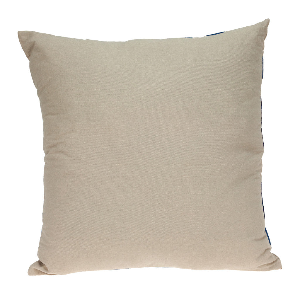 22" Beige and Blue Abstract Cotton Throw Pillow With Embroidery