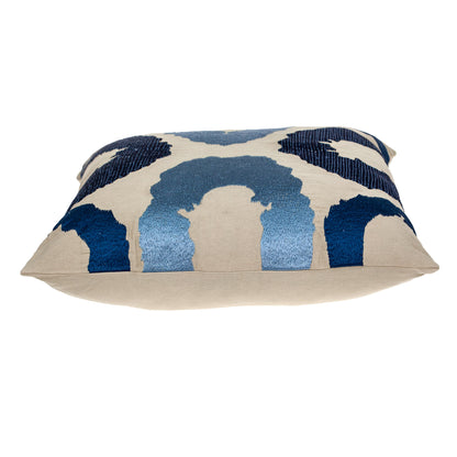 22" Beige and Blue Abstract Cotton Throw Pillow With Embroidery