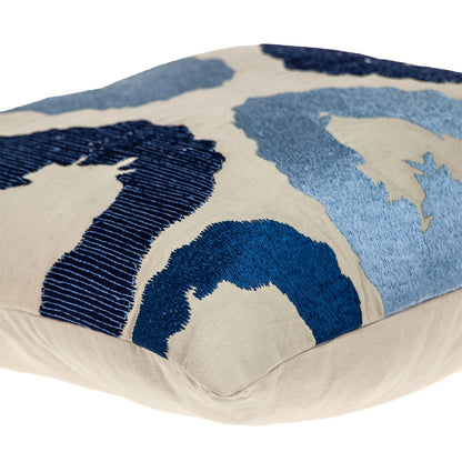 22" Beige and Blue Abstract Cotton Throw Pillow With Embroidery