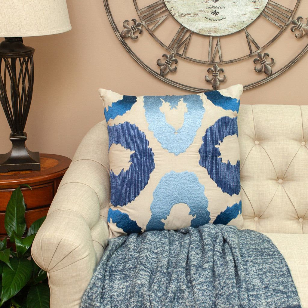 22" Beige and Blue Abstract Cotton Throw Pillow With Embroidery