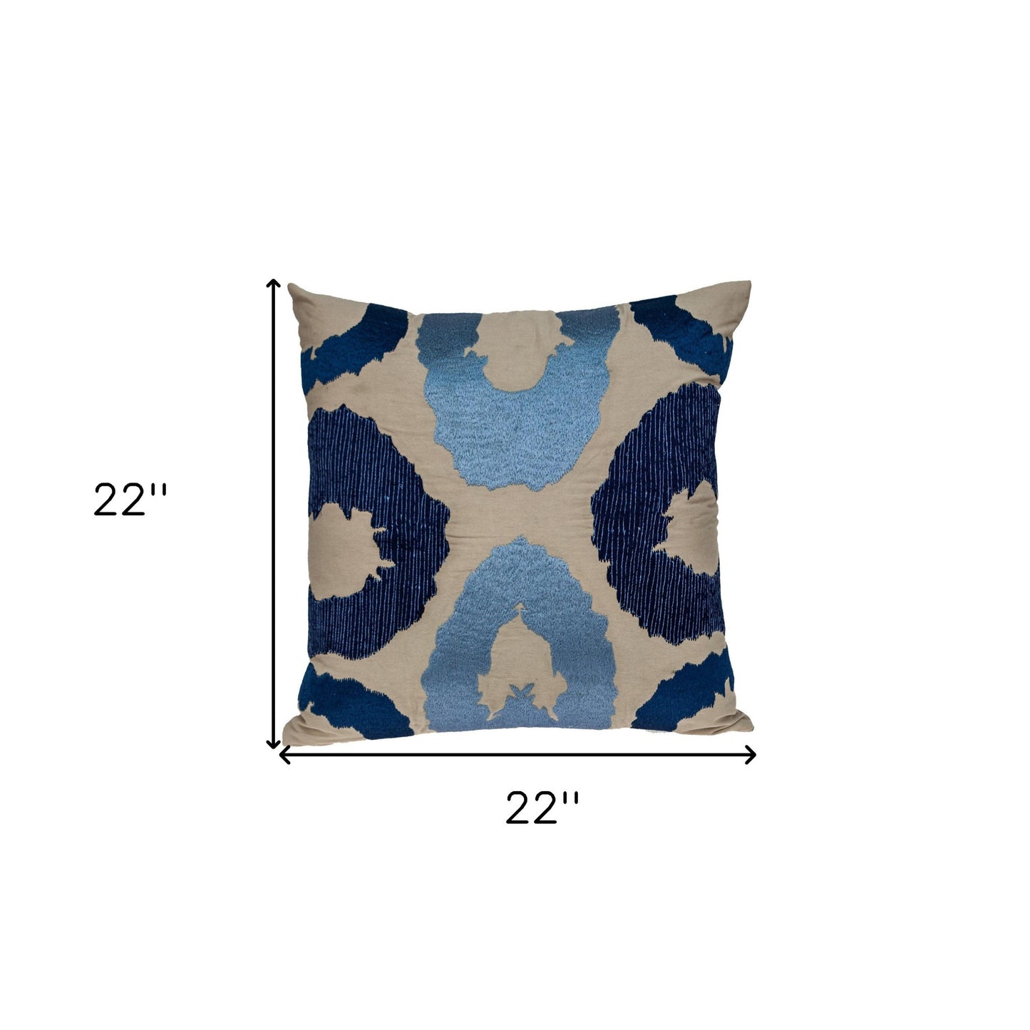 22" Beige and Blue Abstract Cotton Throw Pillow With Embroidery