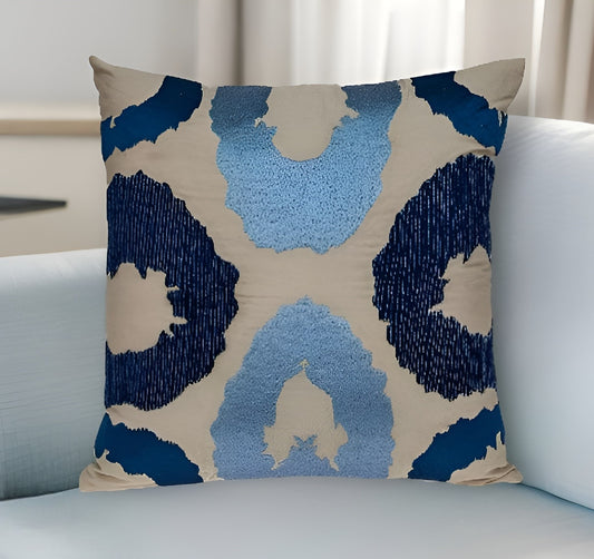 22" Beige and Blue Abstract Cotton Throw Pillow With Embroidery