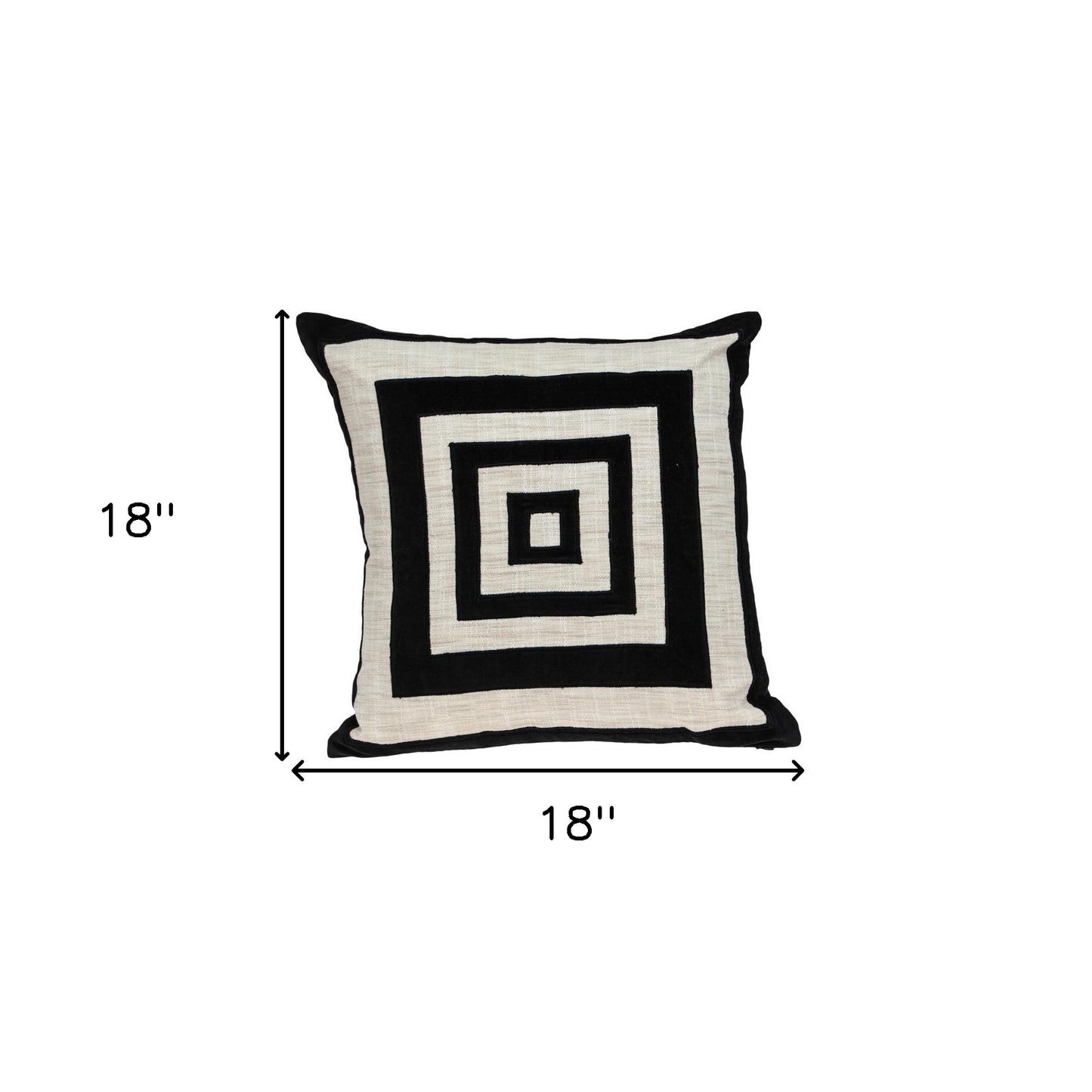 18" Beige and Black Geometric Cotton Blend Throw Pillow with Embroidery and Applique