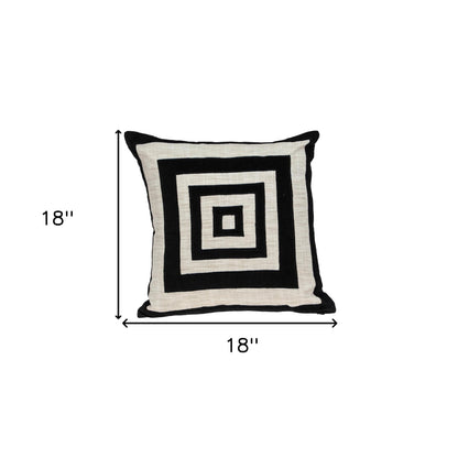 18" Beige and Black Geometric Cotton Blend Throw Pillow with Embroidery and Applique