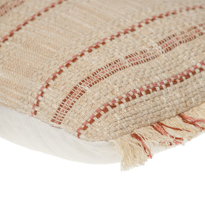 14" X 20" Beige and Pink Striped Cotton Throw Pillow With Fringe