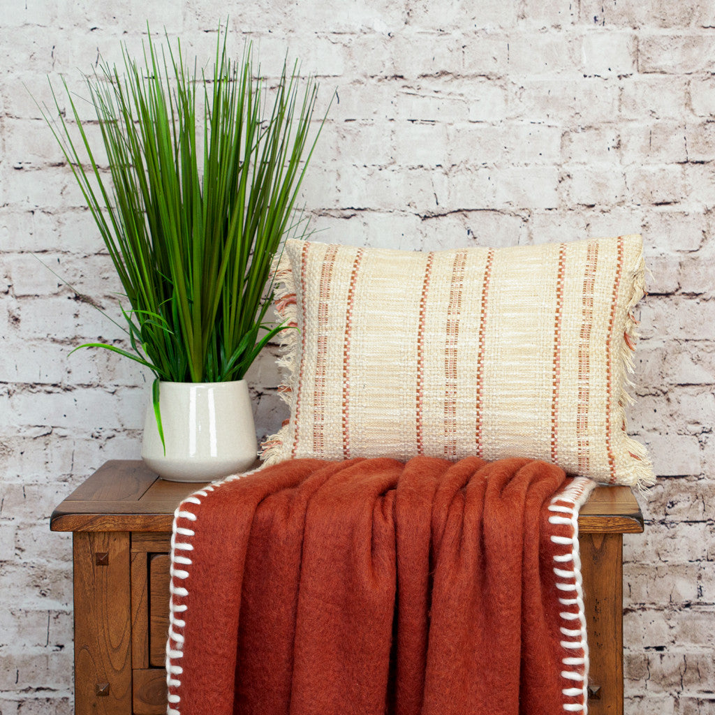 14" X 20" Beige and Pink Striped Cotton Throw Pillow With Fringe