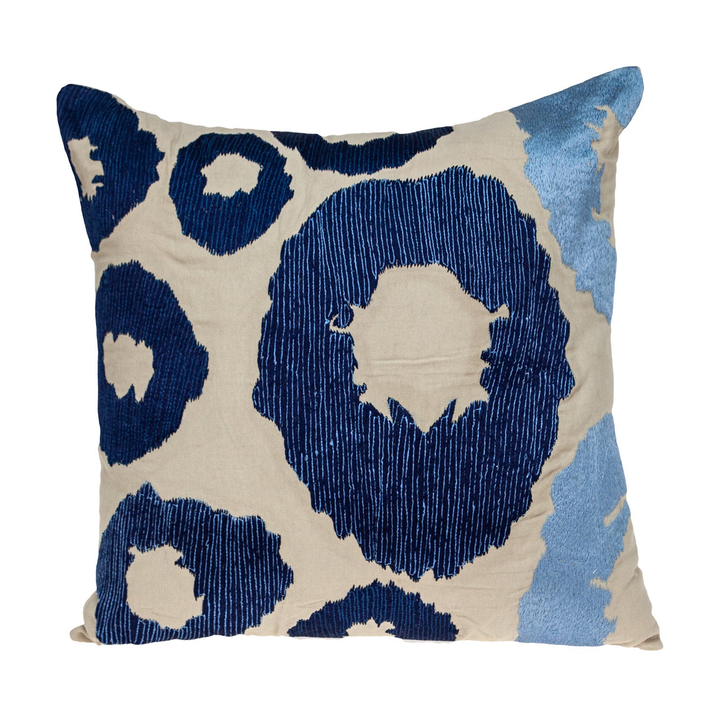 22" Blue and Beige Abstract Cotton Throw Pillow With Embroidery