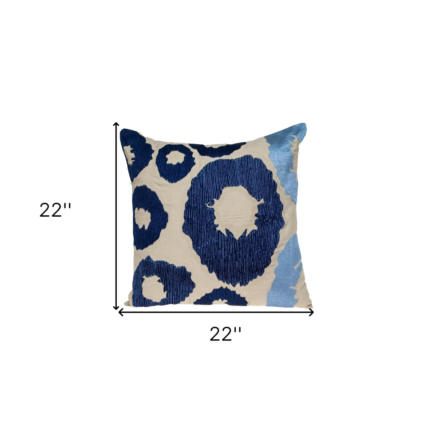 22" Blue and Beige Abstract Cotton Throw Pillow With Embroidery