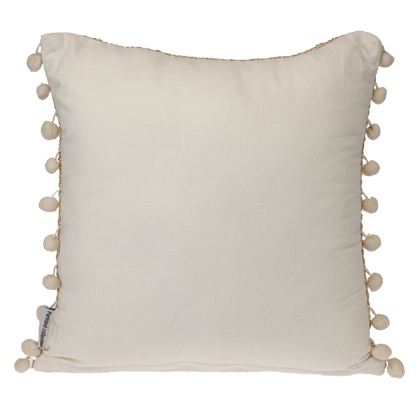 18" Beige and White Weave Cotton Throw Pillow With Pom Poms