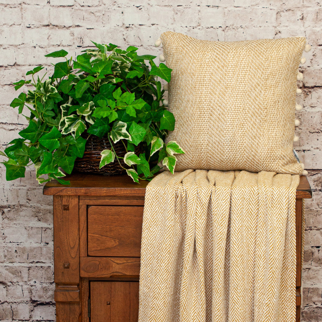 18" Beige and White Weave Cotton Throw Pillow With Pom Poms