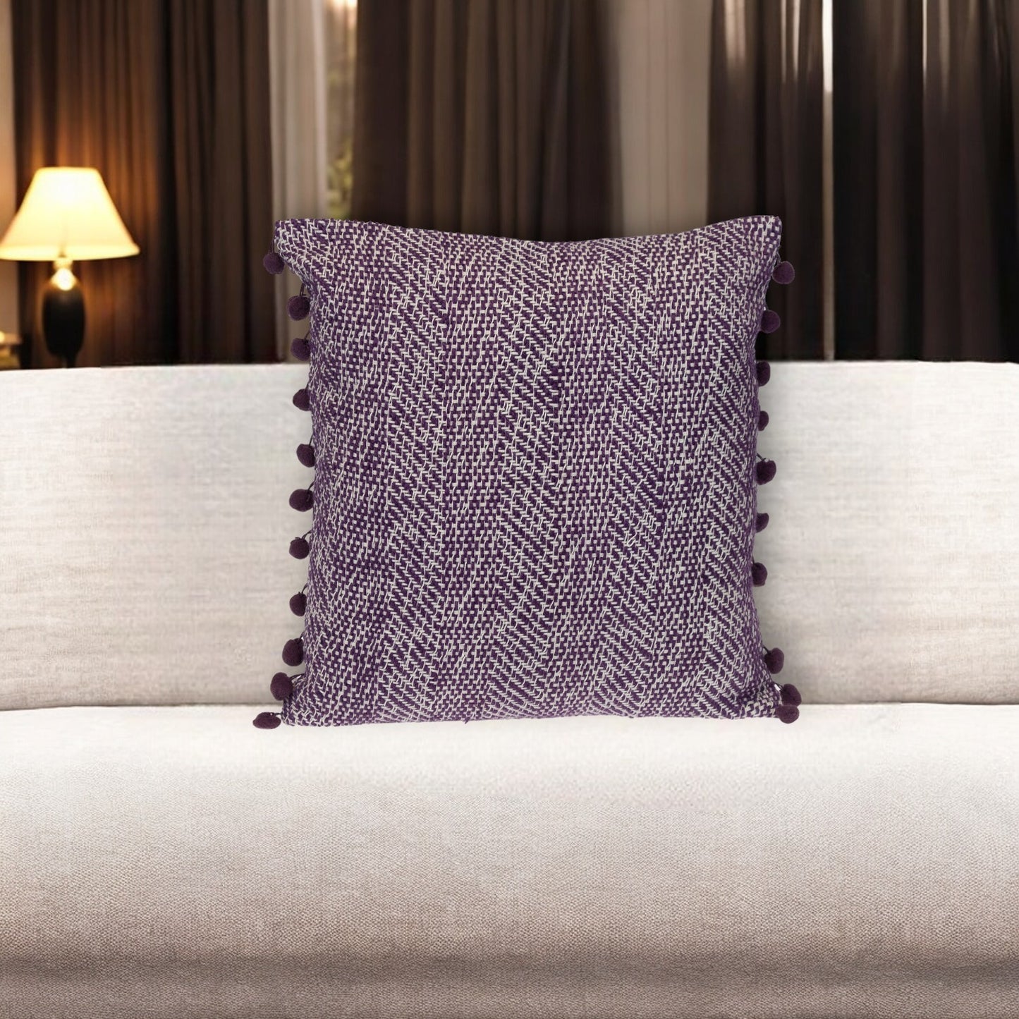 18" Purple and White Weave Cotton Throw Pillow With Pom Poms