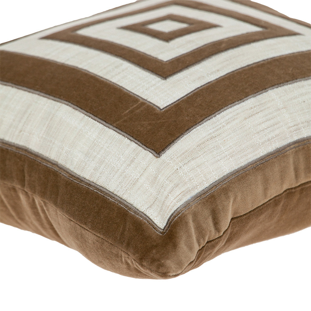 18" Beige and Brown Geometric Cotton Blend Throw Pillow with Embroidery and Applique