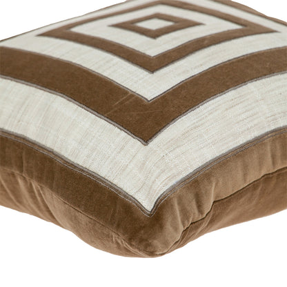 18" Beige and Brown Geometric Cotton Blend Throw Pillow with Embroidery and Applique