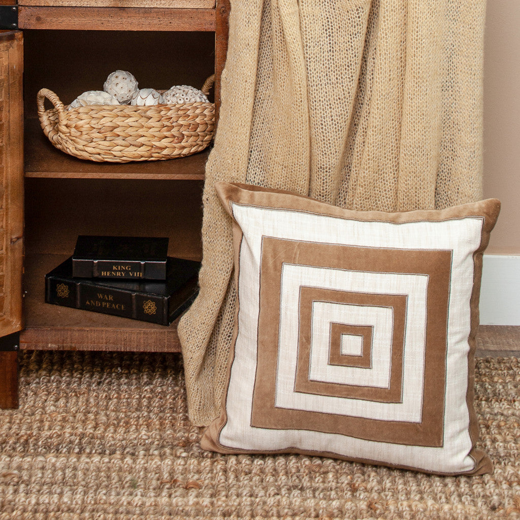 18" Beige and Brown Geometric Cotton Blend Throw Pillow with Embroidery and Applique